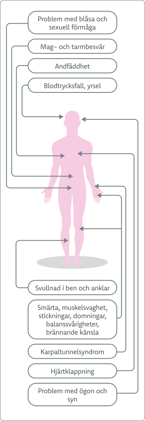 Illustration av ATTRv-amyloidos med symtom från hjärta, nerver, mag-tarmkanal och övriga delar av kroppen